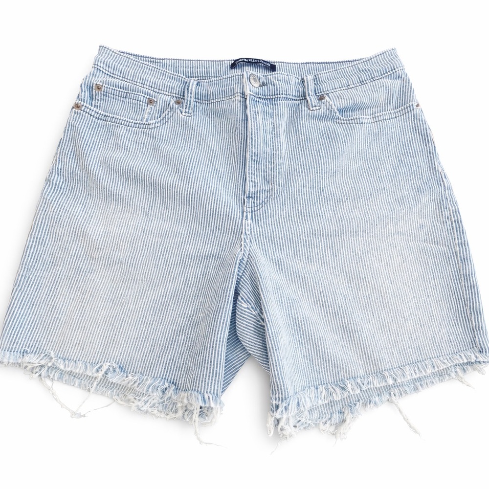 Calvin Klein Striped Denim Shorts Women’s Size 12 Blue White Frayed Hem